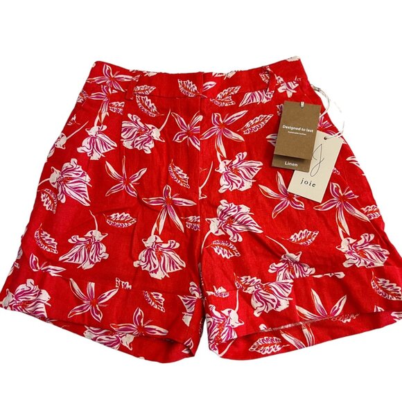 JOIE Red Linen‎ Tropical Luxe Print Flat Front Cargo Shorts Effortless Chic - Picture 2 of 8